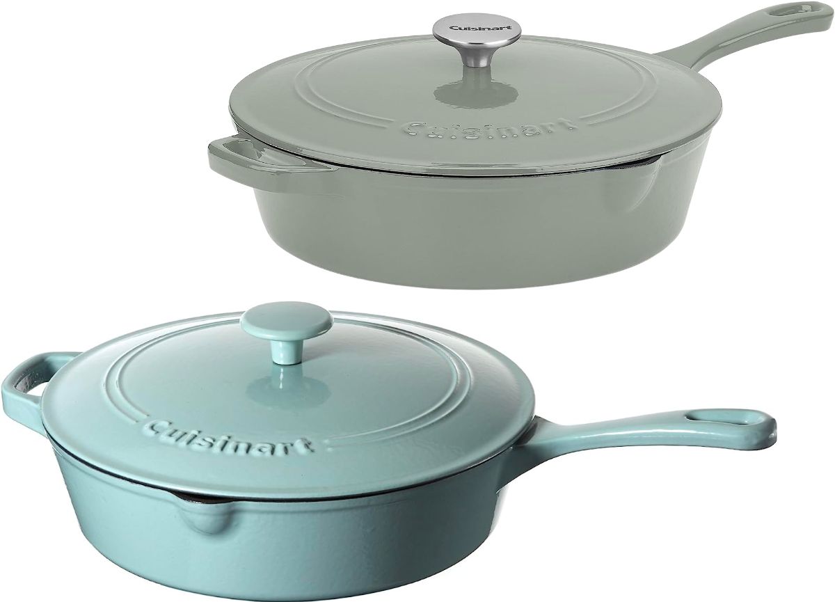 2 Cuisinart 12 inch chicken Fryers one in light blue and one in sage