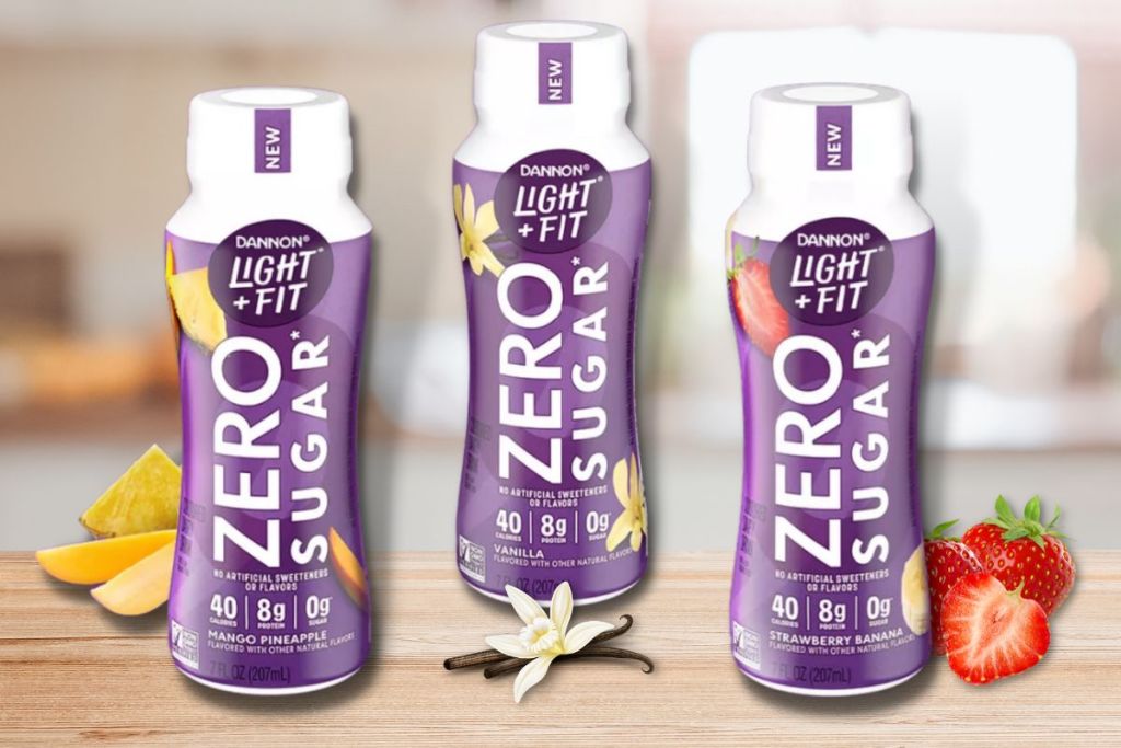 Dannon Light and Fit Zero Sugar Yogurt Drinks 3 Flavors shown with kitchen backdrop