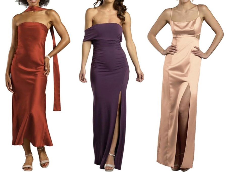 three women in long bridesmaid dresses