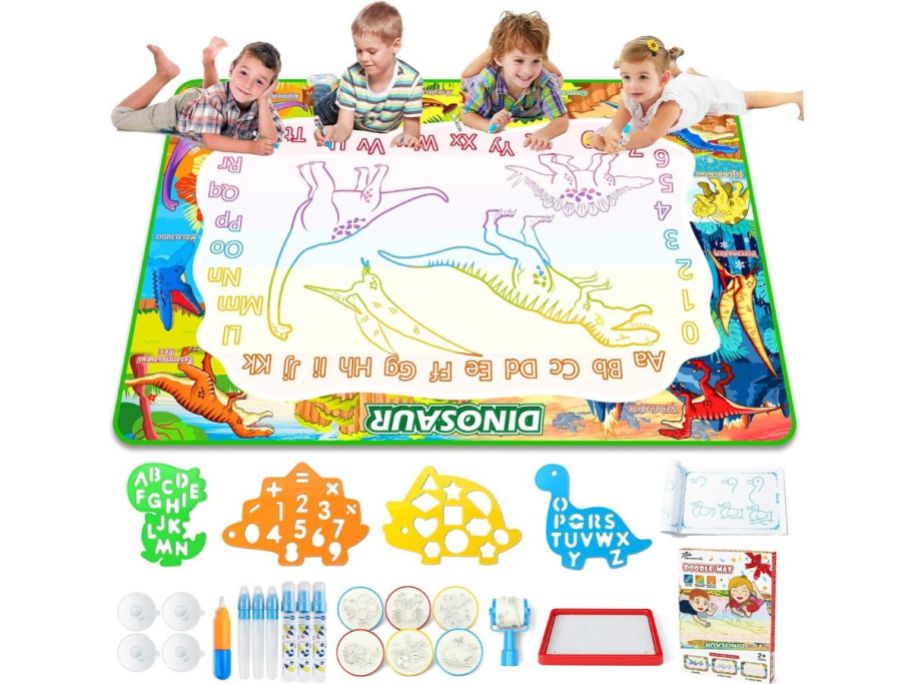 kids playing with Dino water mat