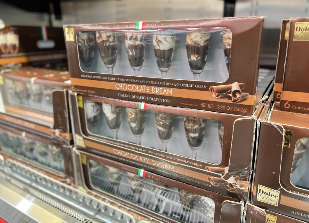 chocolate dessert in packaging on display in Costco