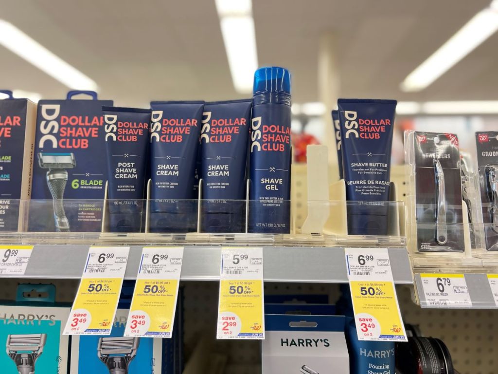 Dollar Shave Club products on a shelf at Walgreens