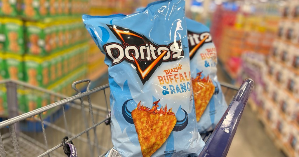two large bags of buffalo and ranch tortilla chips in store cart