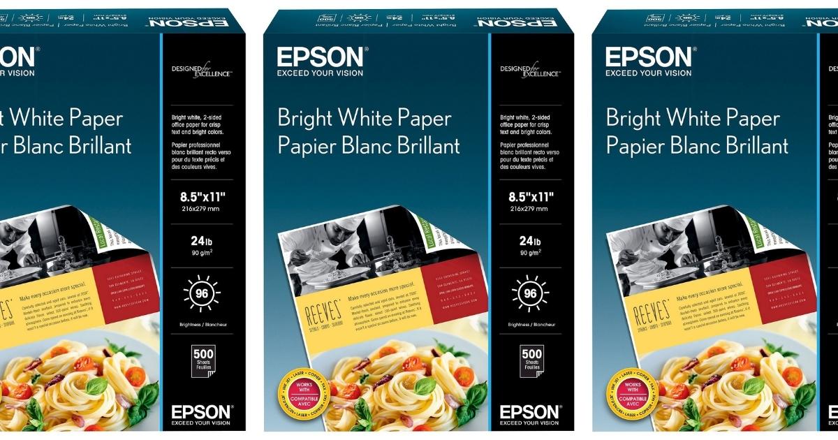 three stock images of epson paper packaging side by side