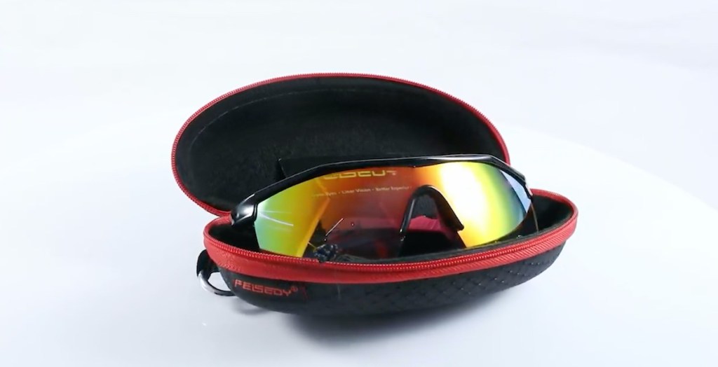 sunglasses sitting in travel case on white background