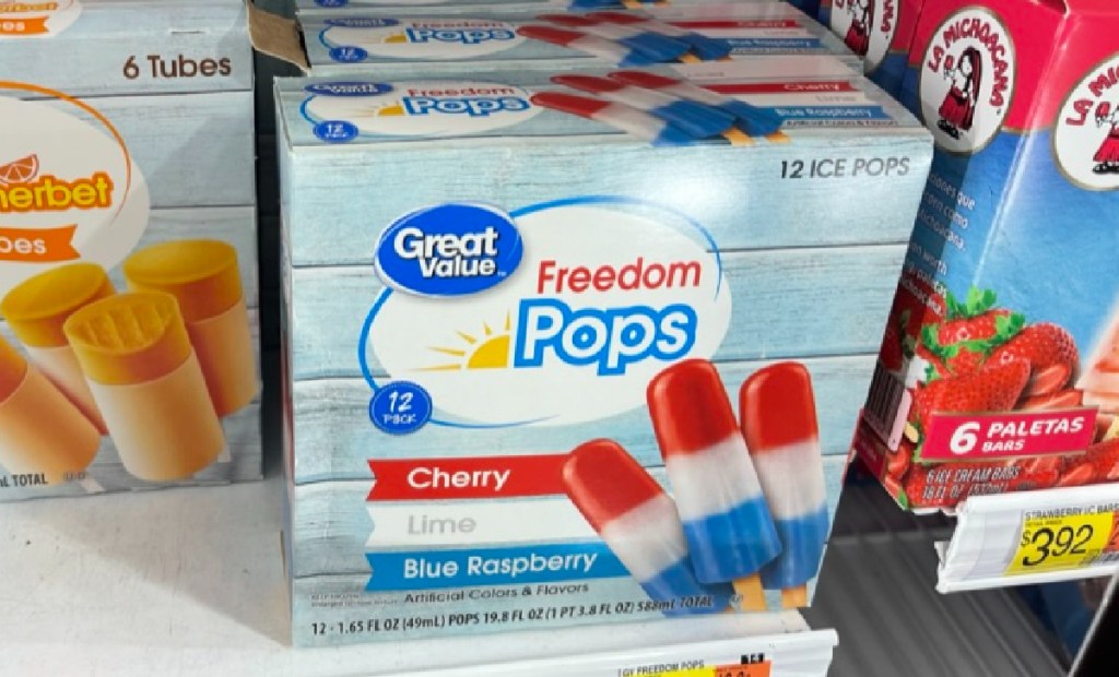 A store shelf containing Great Value Freedom Pops which are popular fourth of july popsicles