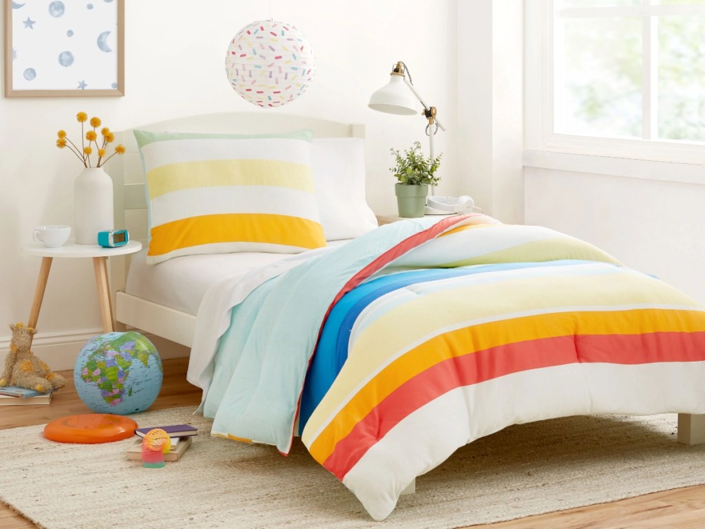 striped comforter on child's bed