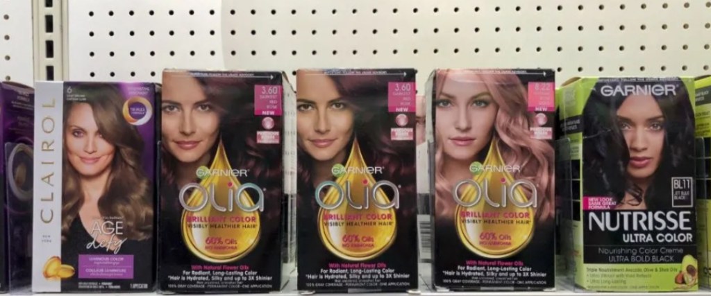 row of hair color boxes at TArget