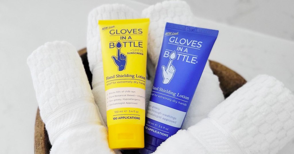 gloves in a bottle bottles with rolled towels