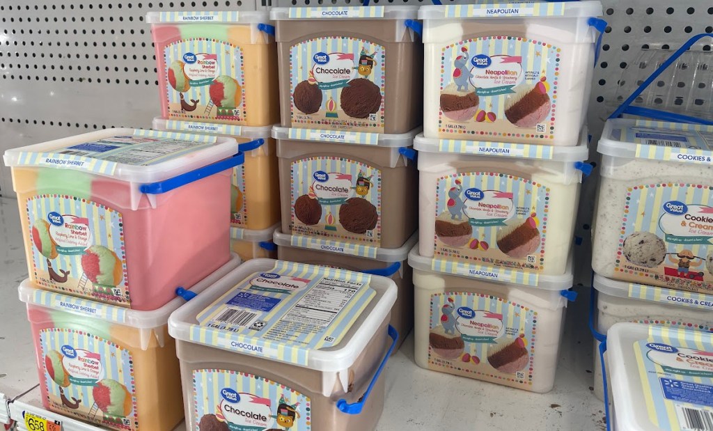 Store shelf full of Great Value ice cream in large tubs