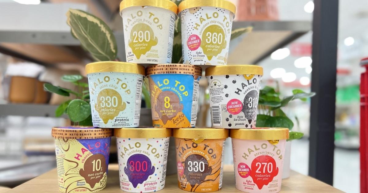 pints of halo top ice cream stacked in store