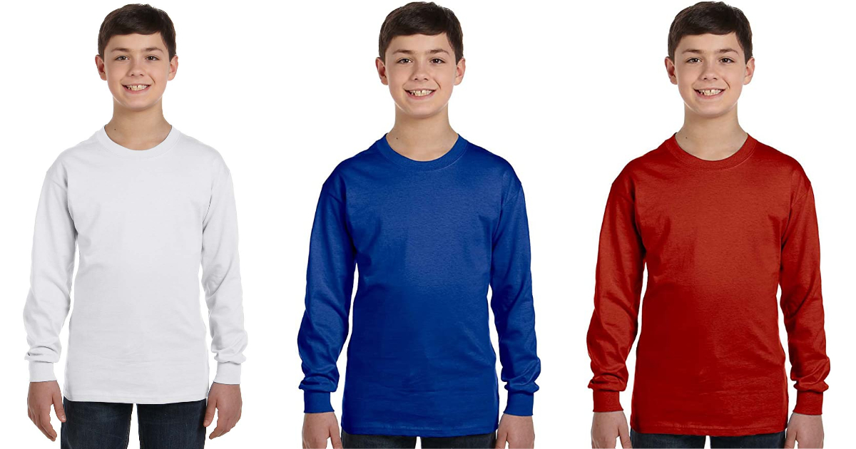 three side by side stock images of boys wearing long sleeve hanes t-shirts in various colors