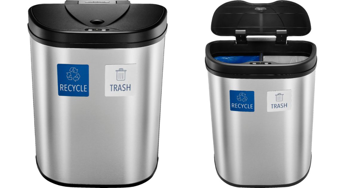 side by side stock images of closed and open Insignia Automatic Trash Cans in Stainless Steel