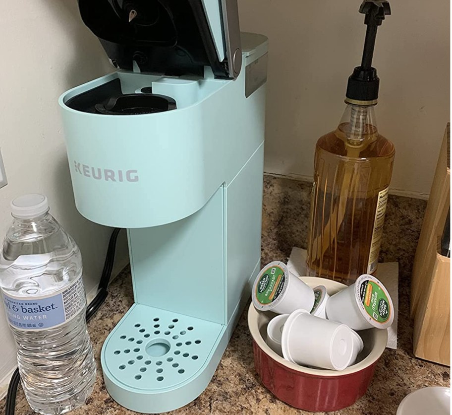 light blue Keurig K-mini on kitchen counter