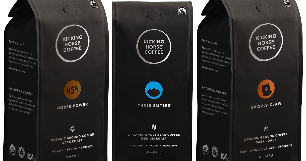 Three different bags of Kicking Horse Coffee