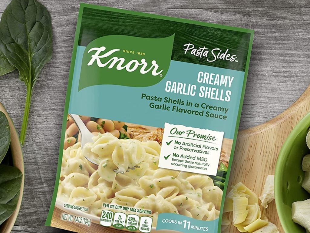 Knorr Creamy Garlic Shells packet by a cutting board