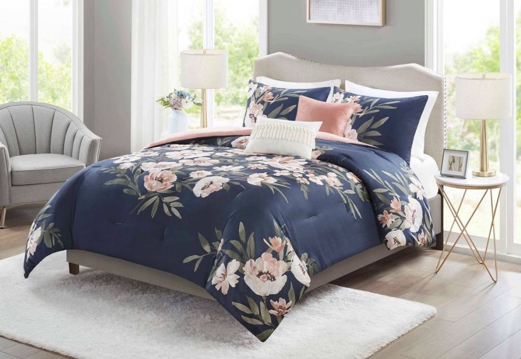 floral bedding on a bed