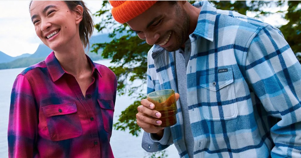 Man and Woman in Eddie Bauer Shirts