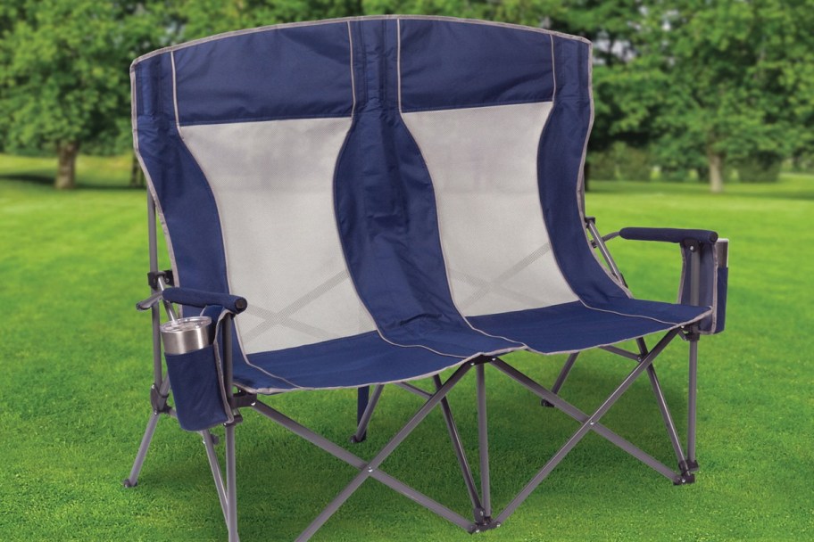 blue and silver Member's Mark Oversized Double Hard Arm Chairs on grass