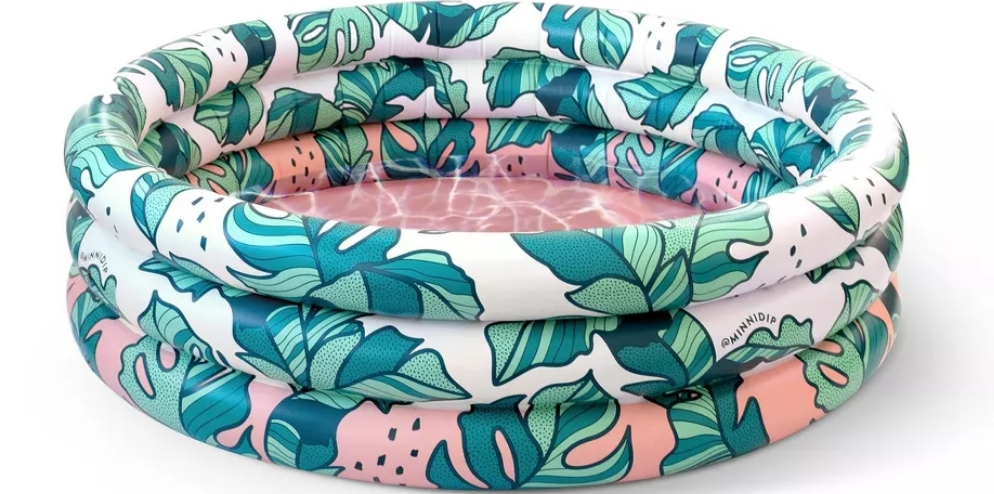 Inflatable pool with banana leaves printed all over