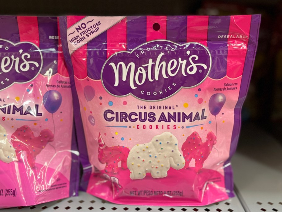2 bags of mother's circus animal cookies on a store shelf