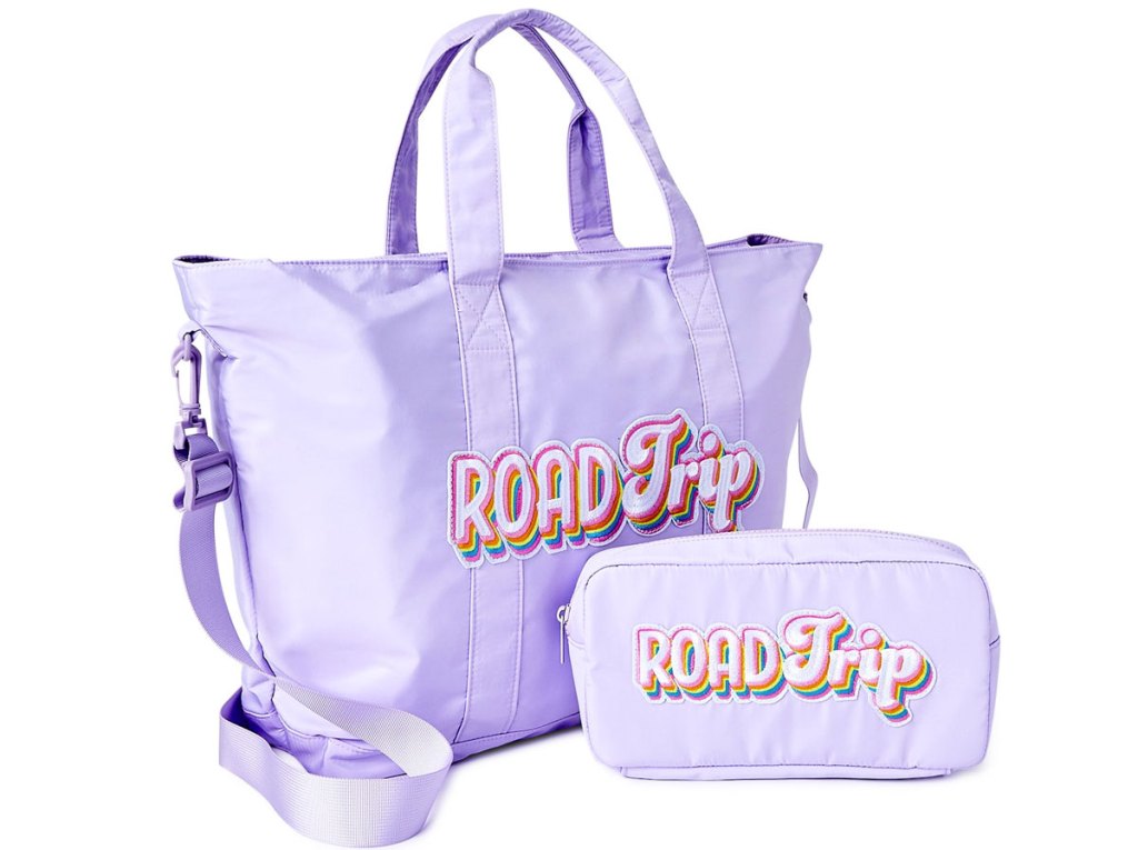 purple tote and pouch set that says "road trip"