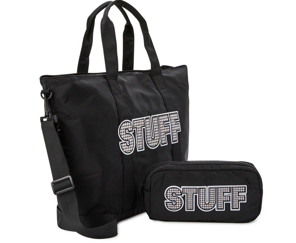 black tote and pouch set that says "stuff"