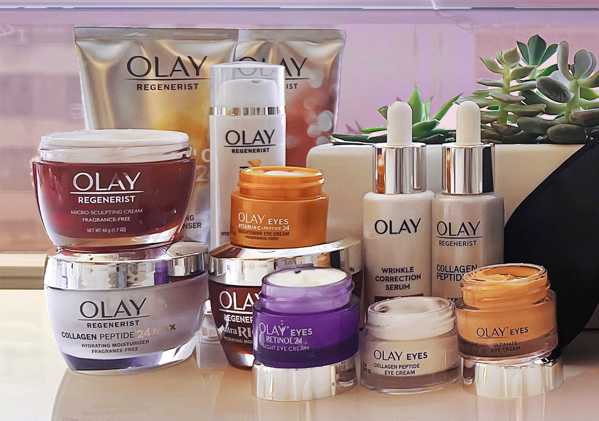various olay products on table