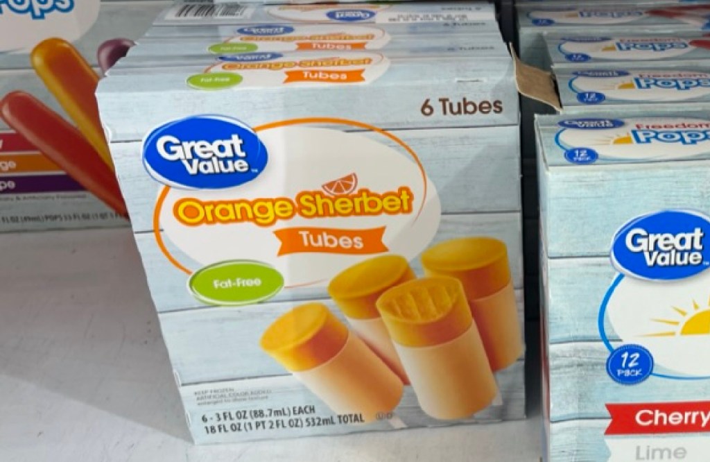 Freezer with a package of Great Value sherbet tubes