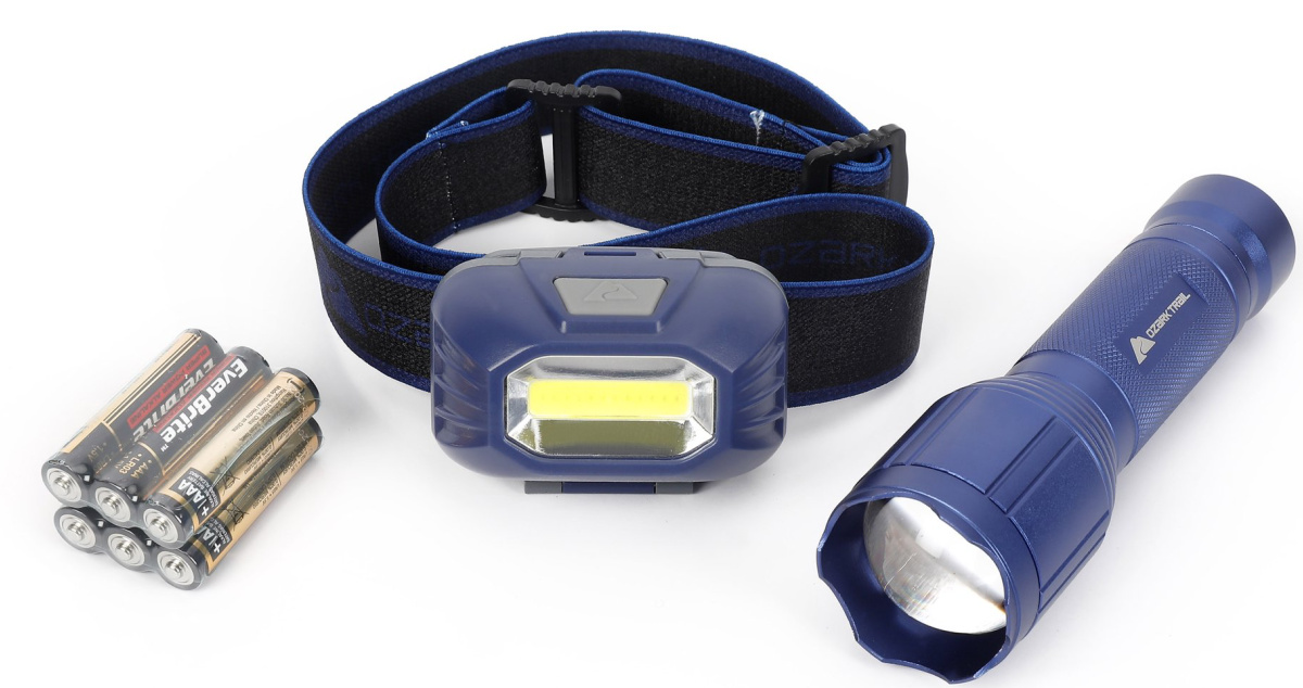 stock images of Ozark Trail Headlamp flashlight and batteries