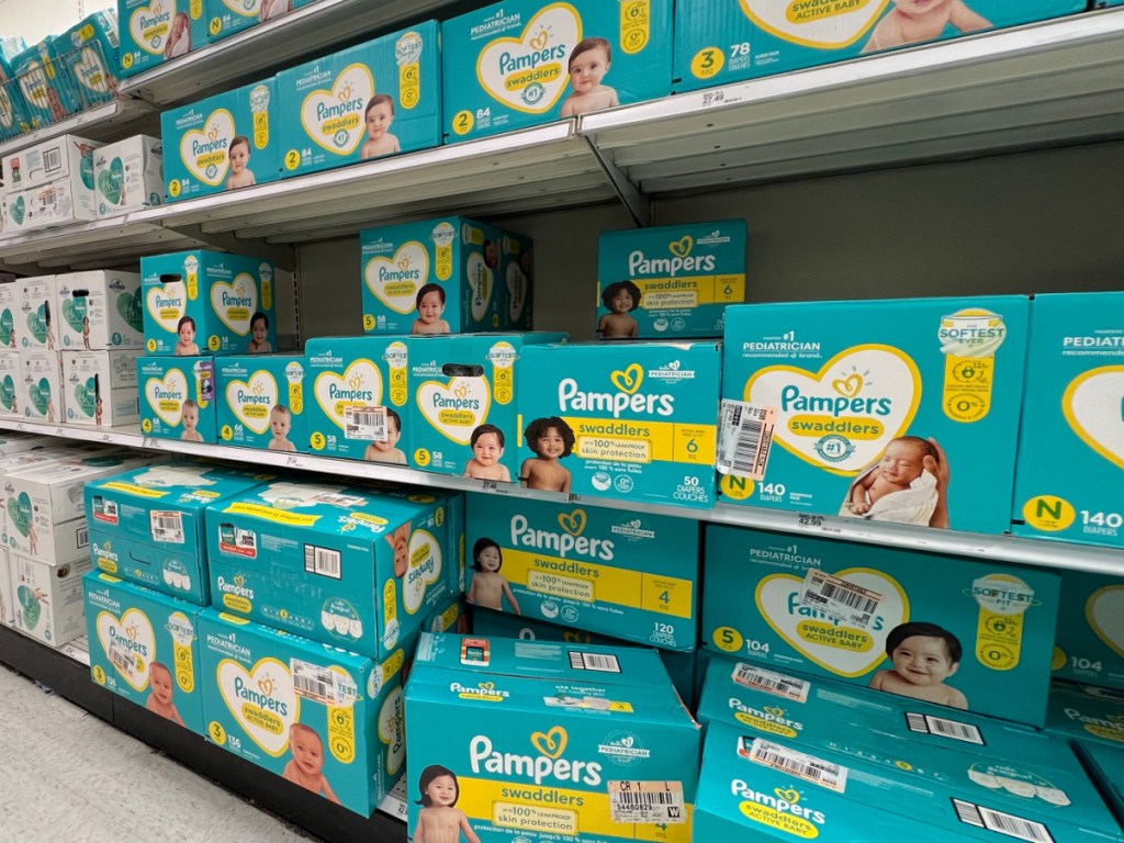 boxes of diapers on store shelf