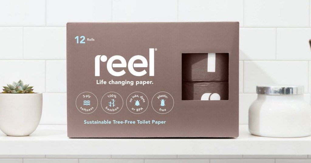 box of reel toilet paper on bathroom counter