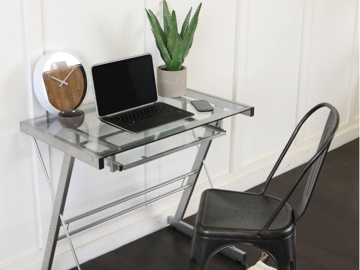 Saracina Home Glass Computer Desk with Keyboard Tray in Silver