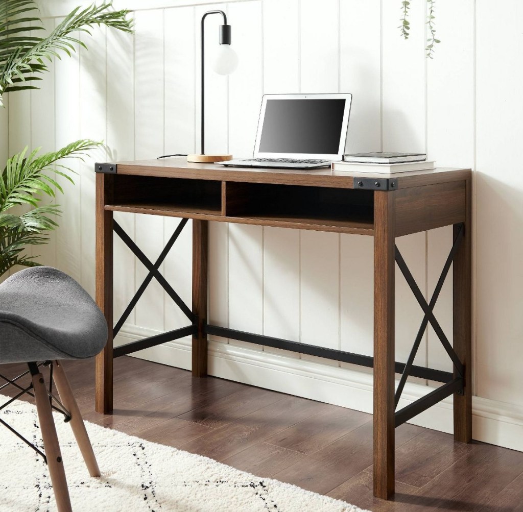 desk with a laptop on it