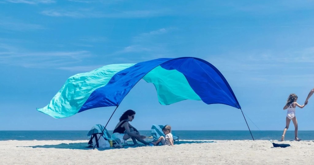 two-tone blue sunshade on beach