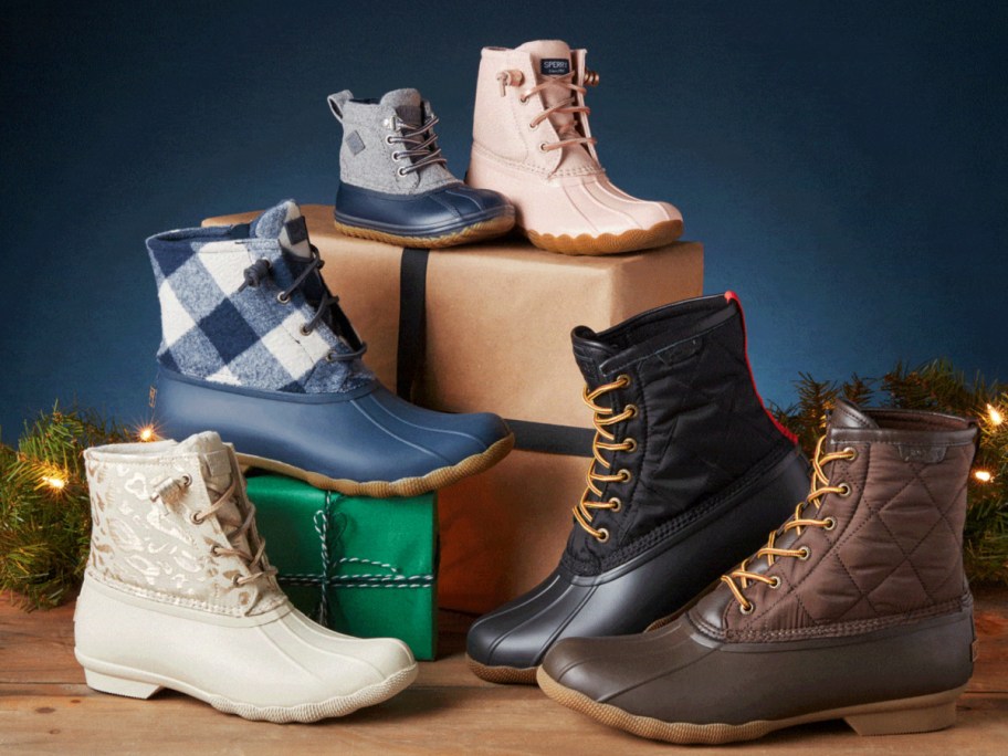 Sperry Duck Boots in different colors and patterns surrounded by packages