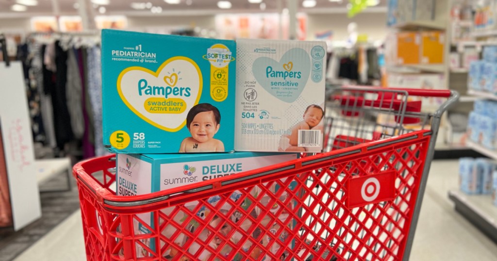 diapers in red shopping cart