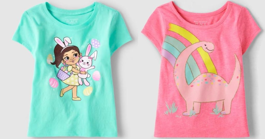 Two girls shirts, one with a girl holding a bunny and one with a dinosaur
