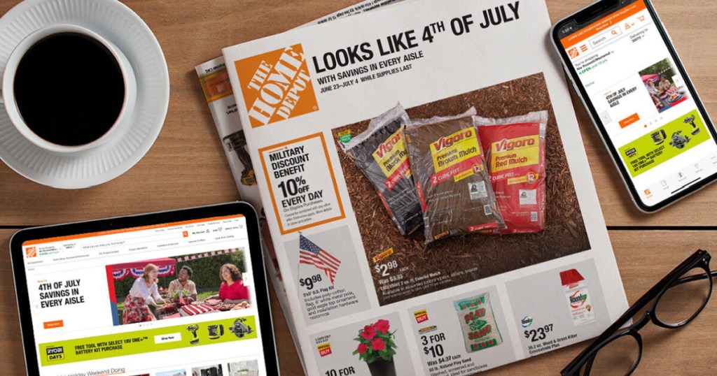 4th of July Home Depot ad in newspaper, on phone, and on ipad 