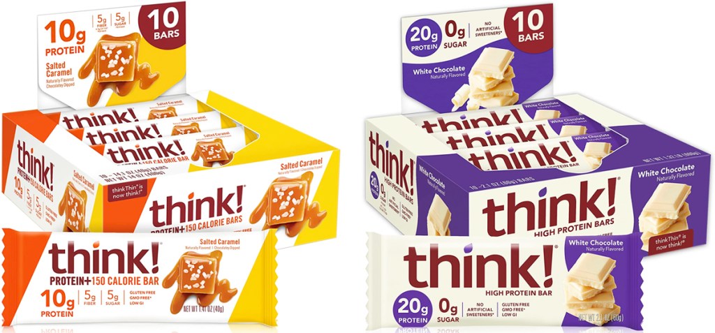 two boxes of think protein bars