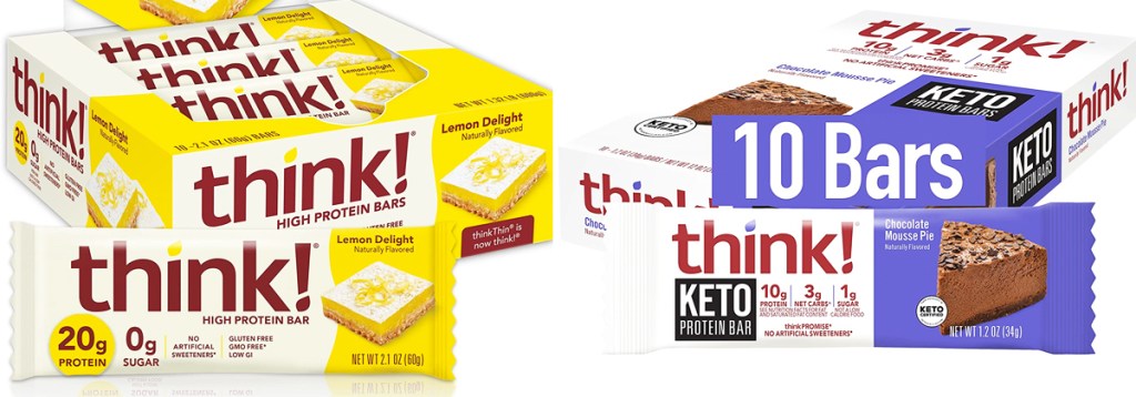 two boxes of think protein bars