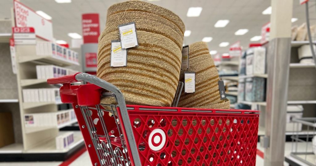 Target shopping cart holding woven baskets