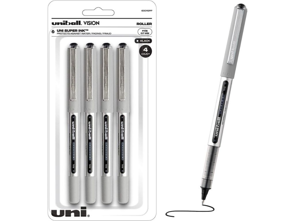 Uniball Vision Rollerball Pens with 0.7mm Fine Point, Black, 4 Count