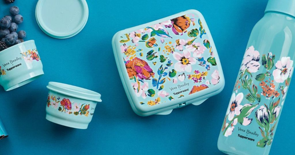 Vera Bradley Tupperware containers with floral designs on them