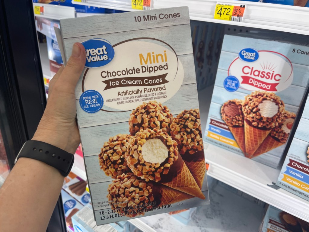 Walmart ice cream treat packages containing Chocolate Dipped Cones by Great Value