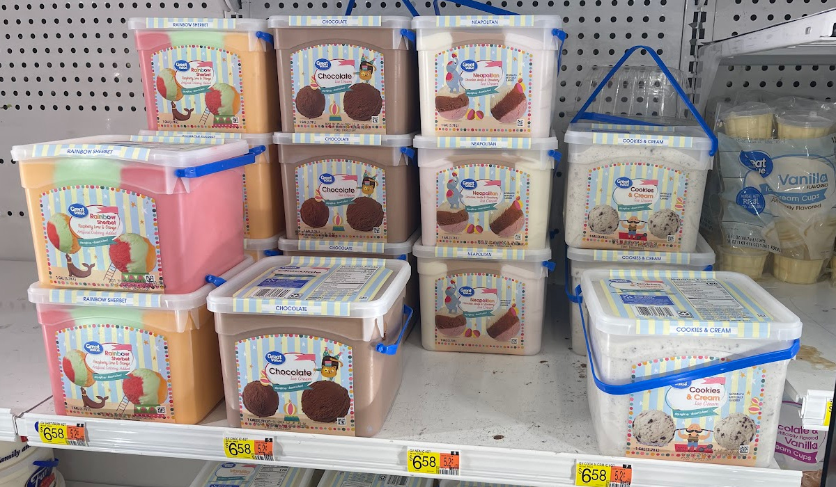 Shelves stocked with Walmart Ice Cream by Great Value