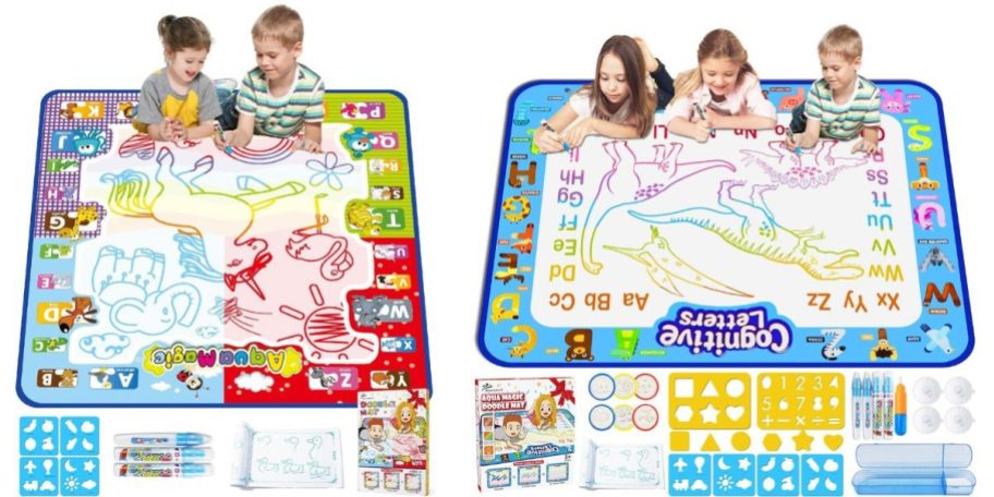 two different water doodle mats with kids playing on it