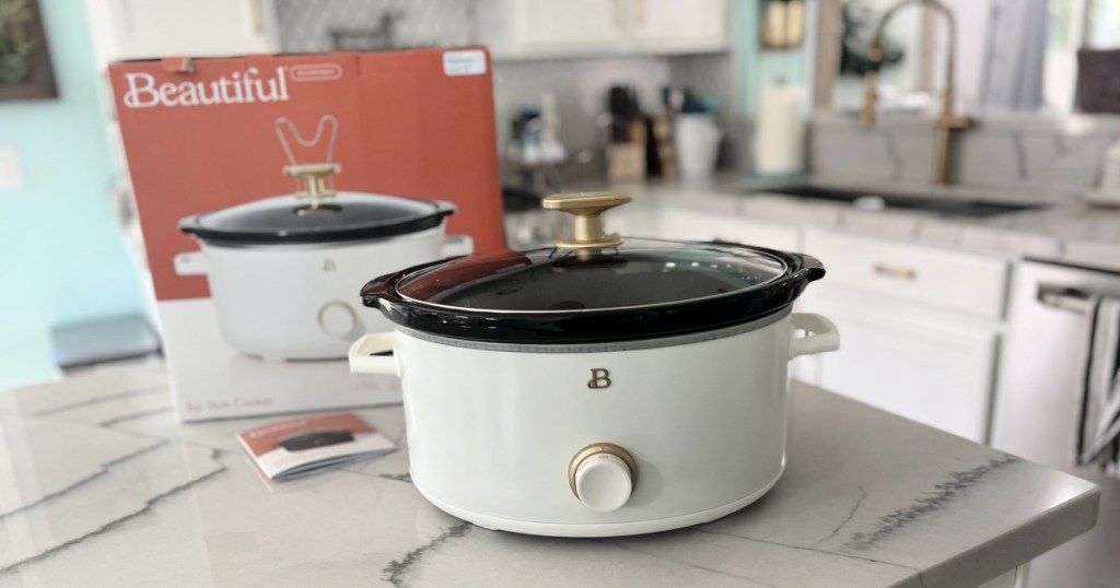 beautiful slow cooker in white on the counter