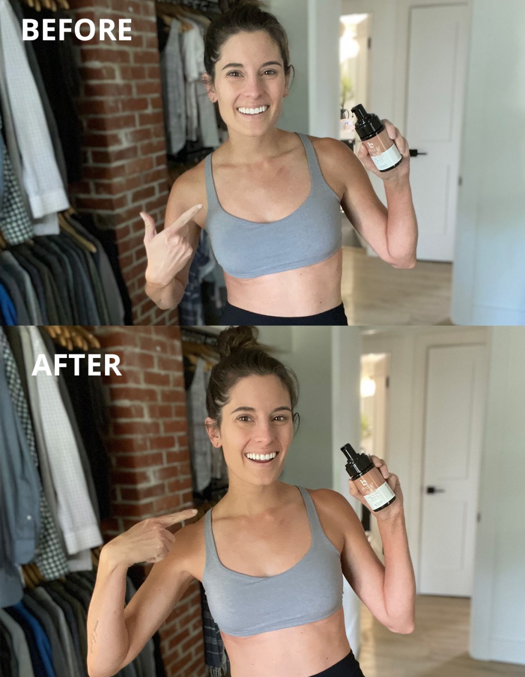 woman showing before and after using beauty by earth self tanner mousse