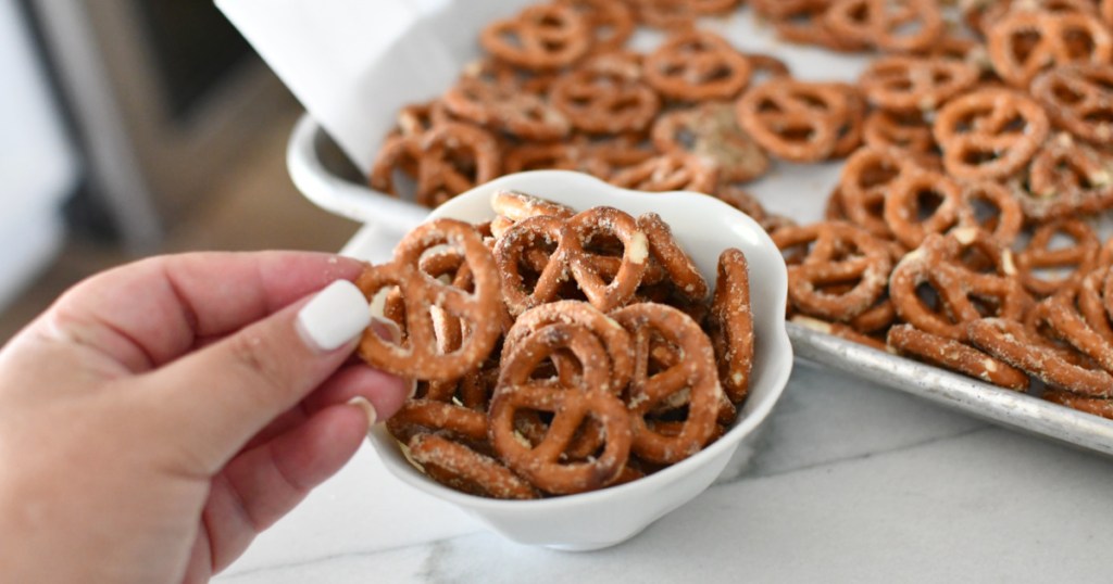 bowl and sheet pan of homemade dot's pretzels recipe
